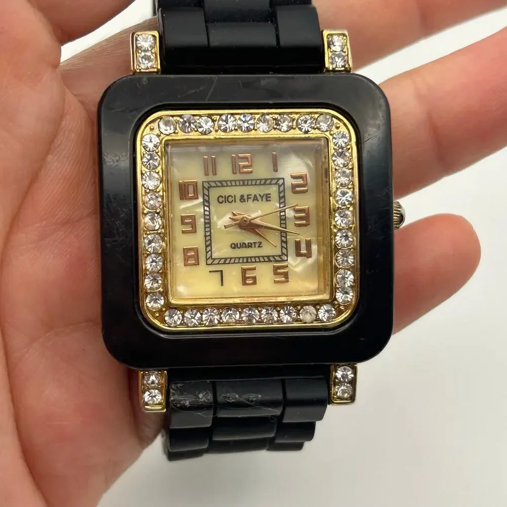 Cici & Faye Square Dial Crystal Bezel Black Silicon Band Watch New Battery